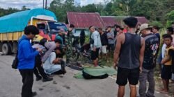 Kondisi kendaraan truk dan sepeda motor yang terlibat kecelakaan maut di jalur tanjakan menikung Jalan Lintas Selatan Desa Nanga Nuar.