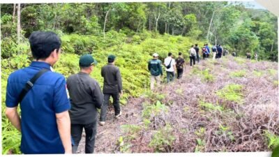 Rombongan petugas gabungan dari Tim PORA, Karantina Kalbar, dan instansi terkait melakukan patroli jalan kaki menelusuri kawasan hutan di wilayah perbatasan darat RI-Malaysia di Aruk. (Dok. HO/Faktakalbar.id)