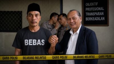 Ilustrasi AI: Sujono (SJ) mengenakan kaus bertuliskan “BEBAS” berjabat tangan dengan kuasa hukumnya usai dibebaskan