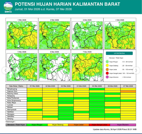 Peta grafis potensi hujan harian di wilayah Kalimantan Barat untuk periode 1 hingga 7 Mei 2026. (Dok. BMKG Kalbar)