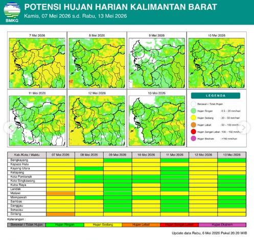 Peta potensi curah hujan harian di wilayah Kalimantan Barat periode 7 hingga 13 Mei 2026 berdasarkan rilis resmi BMKG.