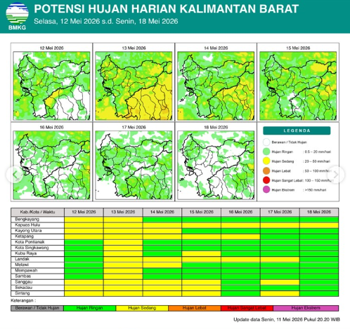 Peta prakiraan potensi hujan harian di wilayah Kalimantan Barat yang dirilis oleh BMKG untuk periode 12 hingga 18 Mei 2026.