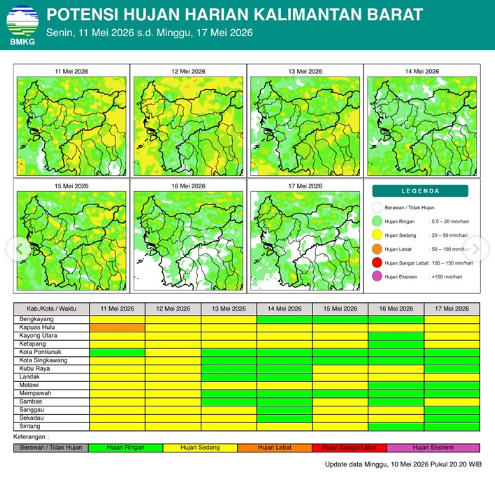 Peta prakiraan potensi hujan harian di wilayah Kalimantan Barat periode 11 hingga 17 Mei 2026 yang dirilis secara resmi oleh Badan Meteorologi, Klimatologi, dan Geofisika.