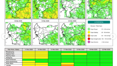Tabel data resmi BMKG yang menunjukkan potensi sebaran curah hujan harian di berbagai wilayah Provinsi Kalimantan Barat. (